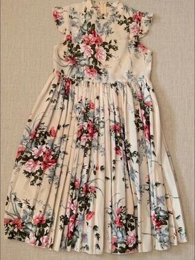 Girls Floral Pleated Cream Dress with Pink & Blue Blooms size 7-8